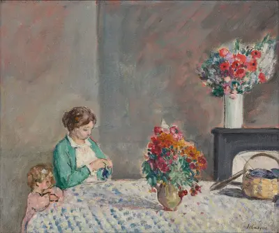 Kvinna och barn i blomstrande interiör av Henri Lebasque