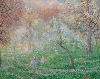 Kvinna och flickor i en blommande fruktträdgård av Henri Lebasque