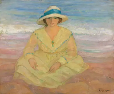 Ung flicka sittande på stranden av Henri Lebasque