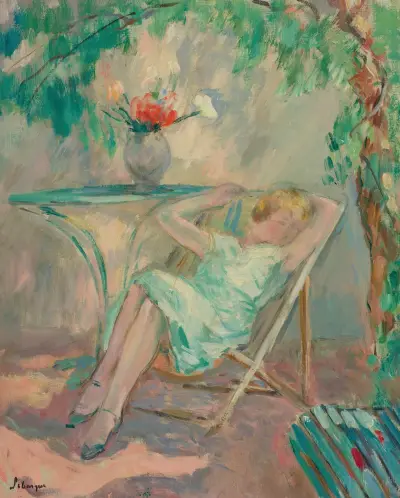 Ung flicka som slumrar i en trädgård av Henri Lebasque