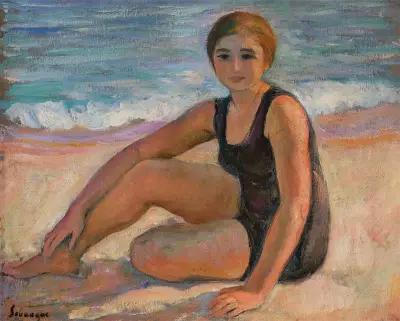 Badande kvinna i svart baddräkt av Henri Lebasque