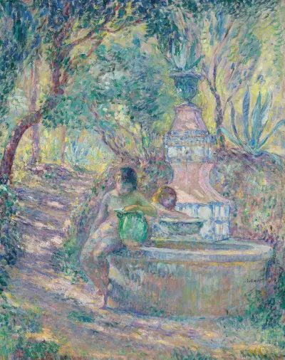 Saint-Tropez, två unga flickor vid fontänen av Henri Lebasque