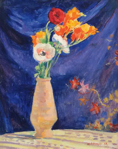 Anemoner i vas mot blå bakgrund av Henri Lebasque