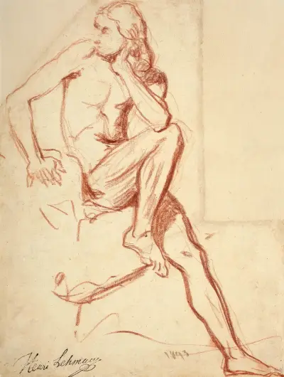 Etude de nu masculin assis sur un rocher av Henri Lehmann