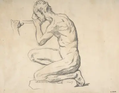 Kneeling Nude Male Figure, Facing Left av Henri Lehmann