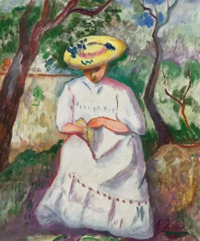 Jeanne cousant sous un chêne-liège, Villa Demière av Henri Manguin