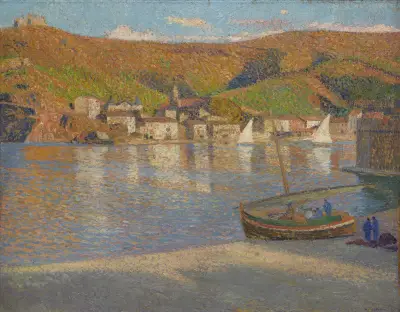 Fem fiskare och deras strandade båt i Collioure av Henri Martin