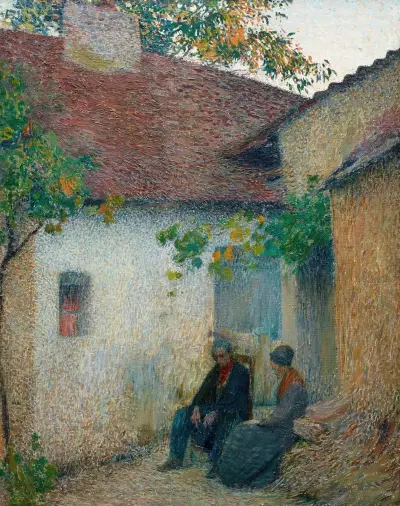 Par i samtal framför gården av Henri Martin