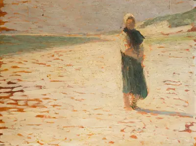 Kvinna i lokal dräkt stående på en strand av Henri Martin