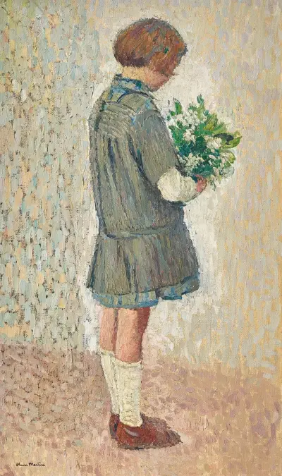 Flicka med skolförkläde och bukett av Henri Martin