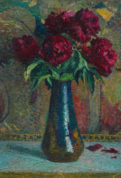 Röda pioner i vas Dalpayrat av Henri Martin