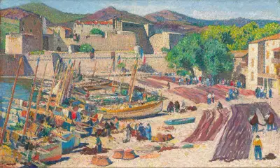 Hamnen i Collioure den 14 juli, nät som torkar på stranden av Henri Martin