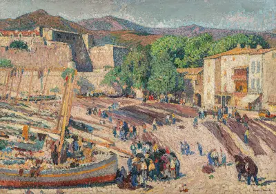 Hamnen i Collioure – torkning av nät av Henri Martin