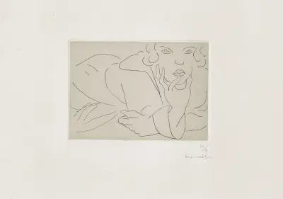 Figure drapée dans un peignoir, main droite soutenant le visage av Henri Matisse