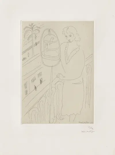 Jeune femme au balcon, observant ses perruches av Henri Matisse