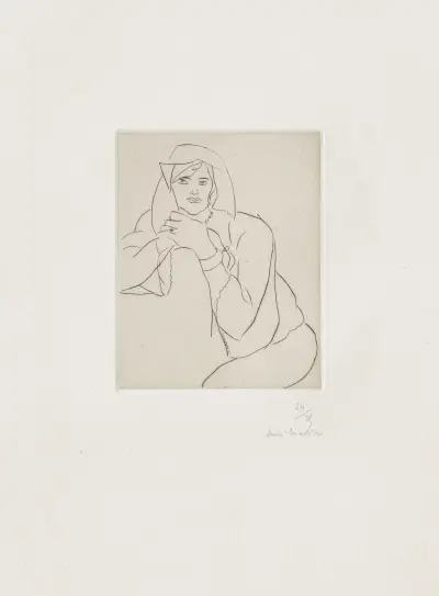 Jeune femme les mains jointes sur le dossier d’un meuble av Henri Matisse