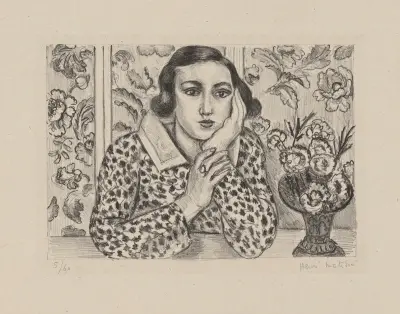 Jeune fille accoudée au paravent fleuri av Henri Matisse