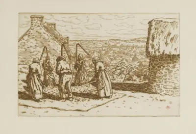 Man och fyra kvinnor som tröskar av Henri Rivière