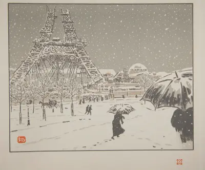 Eiffeltornet under uppförande sett från Trocadéro av Henri Rivière