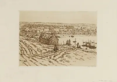 Liten bretagnsk hamn, fiskare och båtar av Henri Rivière