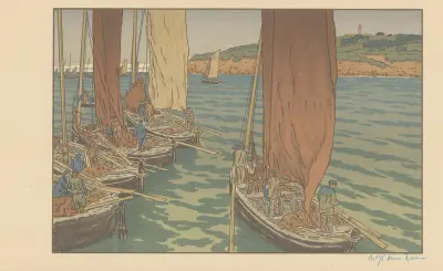 Vissersschepen varen uit Henri Rivière (eigenhandig gesigneerd) av Henri Rivière