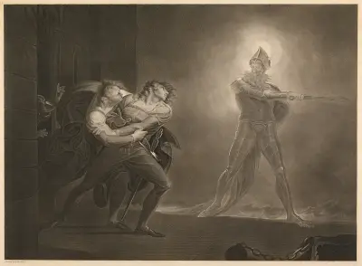 Hamlet, prins av Danmark; akt I, scen IV, plattformen framför slottet i Helsingör – Hamlet, Horatio, Marcellus och vålnaden av Henry Fuseli