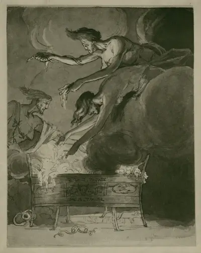 Macbeth, the three witches hovering over the cauldron in the cave av Henry Fuseli