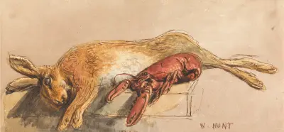 Ein toter Hase und ein gekochter Hummer auf einer Bank von William Henry Hunt