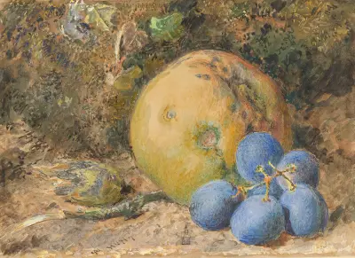 Ein Apfel, Trauben und eine Haselnuss auf einem moosigen Hügel von William Henry Hunt
