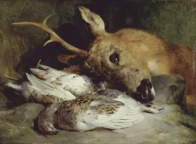 Rådjurshuvud och två ripor av Sir Edwin Henry Landseer
