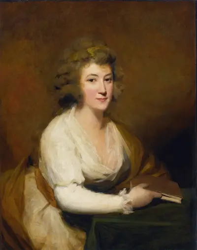 Portrait Of Lady Nasmyth, In A White Dress And Brown Shawl, Seated At A Table, Holding A Book av Sir Henry Raeburn