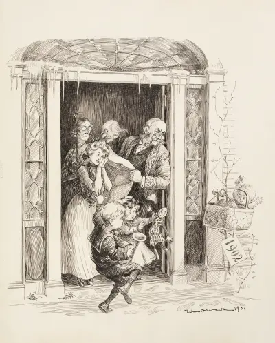 Ein Baby, das das neue Jahr 1902 repräsentiert, wird auf die Türschwelle eines Hauses gelegt von William Henry Walker