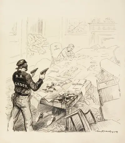 A bandit, representing railroad labor, attacks the cabinet office av William Henry Walker