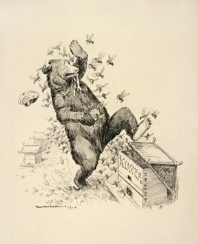 Ein Bär, der Russland darstellt, bricht in einen Bienenstock ein, der Korea darstellt, um den Honig zu stehlen, wird aber vom Angriff der Bienen überwältigt von William Henry Walker