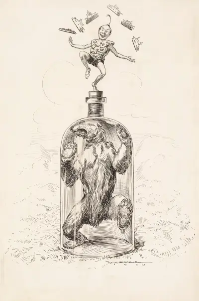 Ein Bär, der Russland repräsentiert, ist in einer Flasche gefangen, während ein kleiner Mann obenauf tanzt und Schiffe jongliert von William Henry Walker