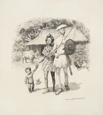 A black family stands before their hut and animals. av William Henry Walker