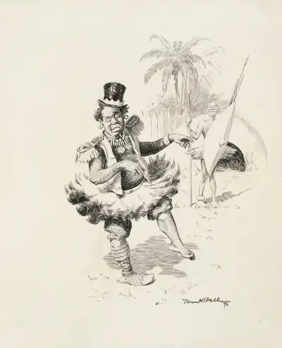 A black man in native dress laughs at another who has mixed native with Western dress. av William Henry Walker