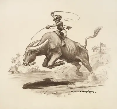 A black man rides a bucking water buffalo, which is tiring, while an American flag flies in the background. av William Henry Walker