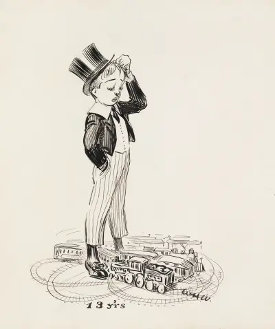 A boy at age 13, puzzled that his toy trains have crashed after having set up the tracks to run in overlapping loops av William Henry Walker