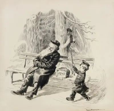 A boy dressed as a police officer, representing 1908, prepares to roust an old man (1907) who is sleeping on a bench. av William Henry Walker
