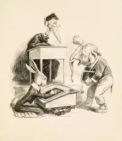 A classroom. The teacher, a stork, is angry at one of his students, an elephant av William Henry Walker
