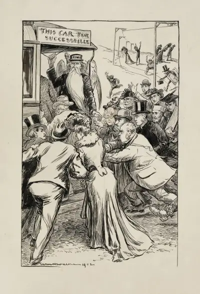 Tłum zamożnych mężczyzn i kobiet tłoczy się, by wsiąść do pociągu zmierzającego do „miasta sukcesu”, William Henry Walker
