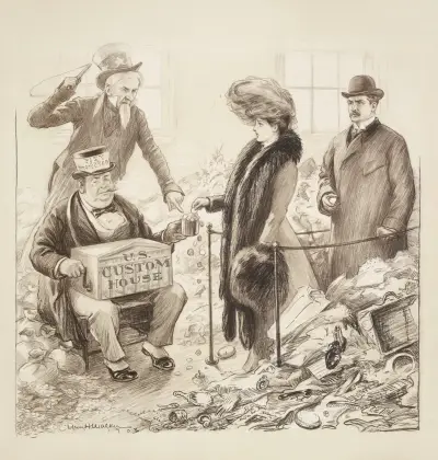 A crying woman and angry man are forced by Uncle Sam to put money into the cup of a beggar av William Henry Walker