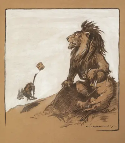 A dog with a can reading ‘Mad Mullah’ runs by, watched by a lion (England) and a boar. av William Henry Walker