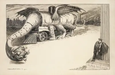 Smok symbolizujący trusty, z stalą i ropą jako największymi częściami, grozi absolwentowi uczelni z 1901 roku, William Henry Walker