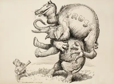 Ein Drache, der die Trusts repräsentiert, greift den Elefanten der Republikanischen Partei an, der sich auf die Hinterbeine stellt, um den Drachen abzuschütteln von William Henry Walker