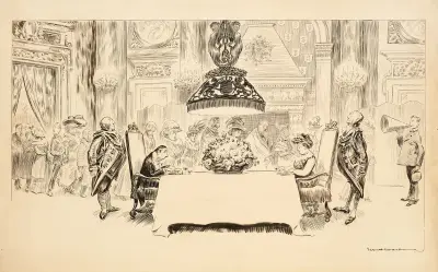 Wykwintna przyjęcie obiadowe, na którym tylko dwóch gości siedzi przy stole i je. Reszta stoi i im się przygląda, William Henry Walker