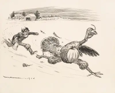 A farmer with an ax chases a giant turkey with a pumpkin under its wing. av William Henry Walker
