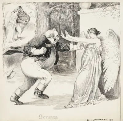 A fat man attacks a female angel in October. He remembers her walking with him peacefully at The Hague in July. av William Henry Walker