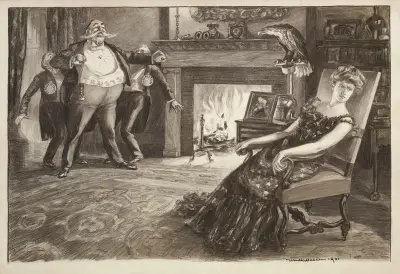 Gruby mężczyzna symbolizujący trusty odsuwa mężczyzn symbolizujących konkurencję i ustawodawstwo, by zwrócić uwagę Kolumbii, ale ona odwraca wzrok, William Henry Walker